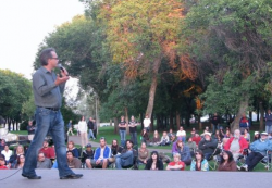 Marc Emery speaking in front of a crowd in Prince Albert, Saskatchewan on his Farewell Tour across Canada. (Photo by Jodie Emery)